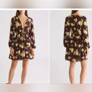 Wayf Ruched Long Sleeve Mini Dress in Espresso Roses Size Small NWT